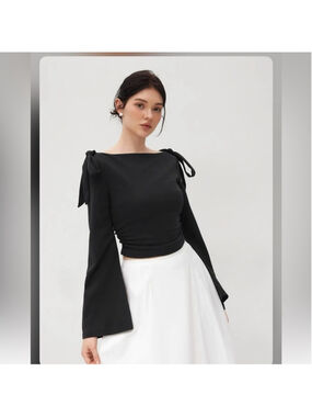 Cider BOAT NECK BOWKNOT RUCHED LONG SLEEVE TOP L 8-17
